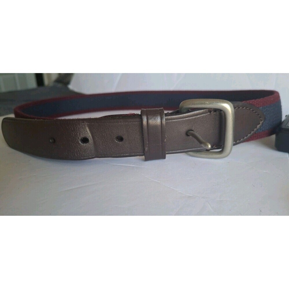J.Crew Leather Fabric Belt Blue Red Striped Sz 34 Silver Buckle Preppy Coastal